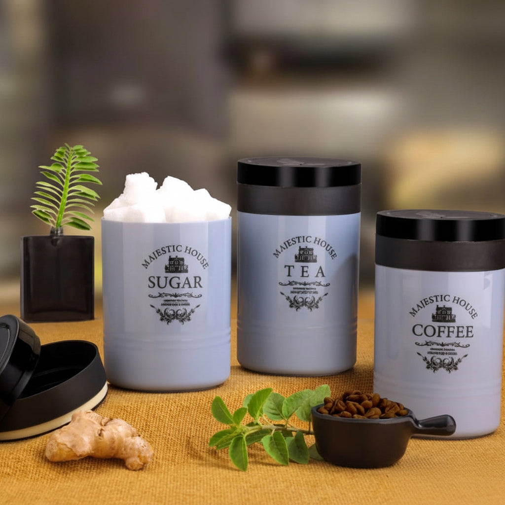 5766 Accurate Seal Tea Sugar Coffee Container - 3 Pcs Plastic Damru Shaped Tea Coffee Sugar Canisters Jar New Airtight Food Seal Containers For Salt Dry Fruit Grocery Multicolor (3 Pcs Set)