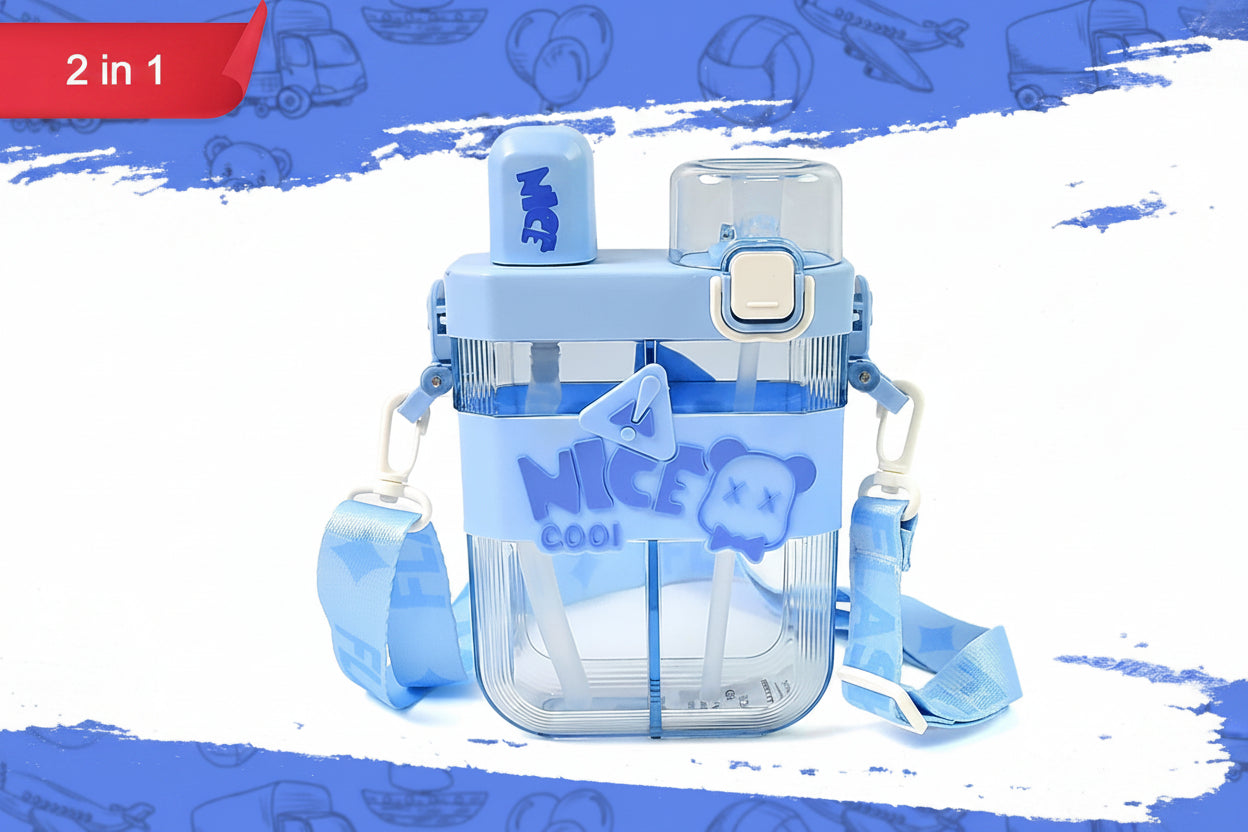 2in1 Dual Compartment Water Bottle With Straw And Adjustable Shoulder Straps (1 Pc  Multi Color)