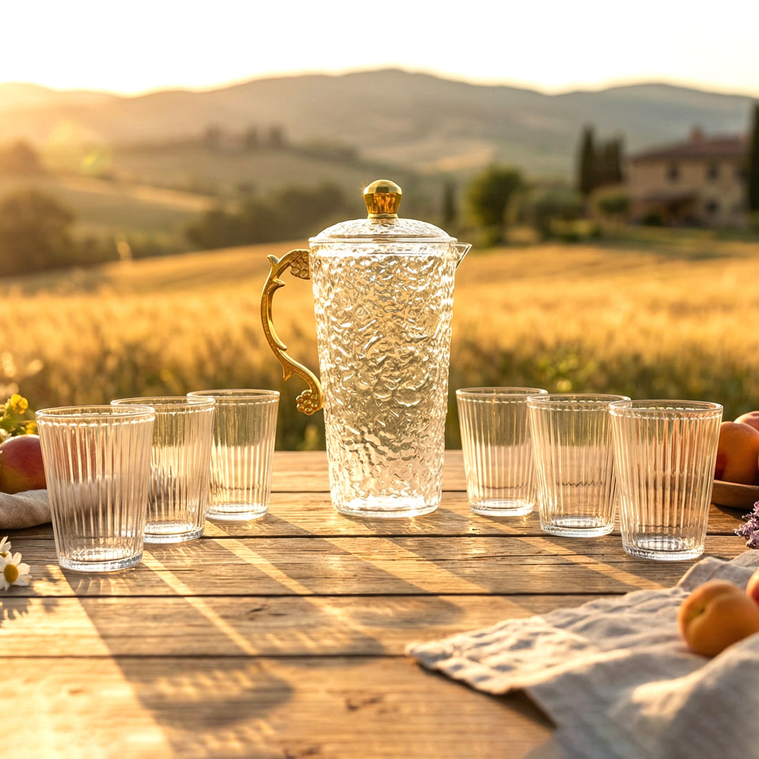 Elegant Textured Glass Water Jug With 6 Glasses Set (1 Set)
