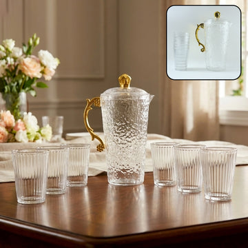 Elegant Textured Glass Water Jug With 6 Glasses Set (1 Set)