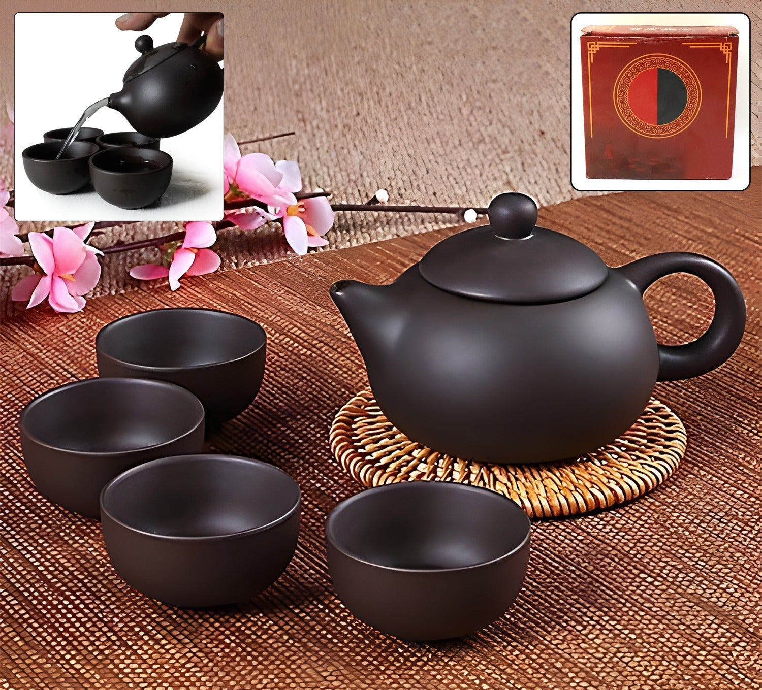 Premium Black Clay  Ceramic Tea Set With Teapot  4 Cups