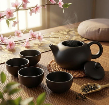Premium Black Clay Ceramic Tea Set with Teapot & 4 Cups (5-Piece Set)