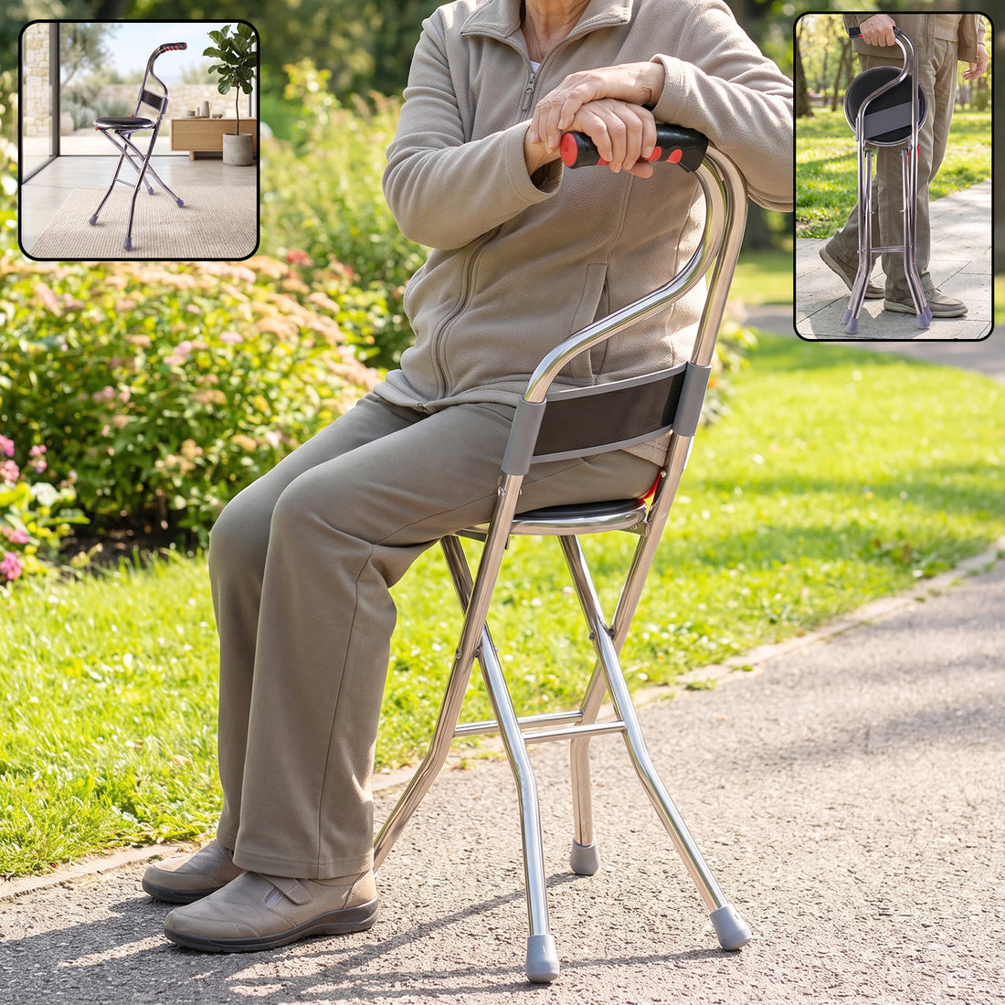 Folding Walking Stick With Seat And Backrest 4 Leg Cane Stool Chair (1 Pc)